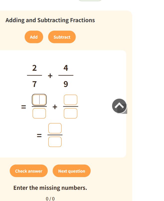 Adding and Subtracting Fractions — English game screen