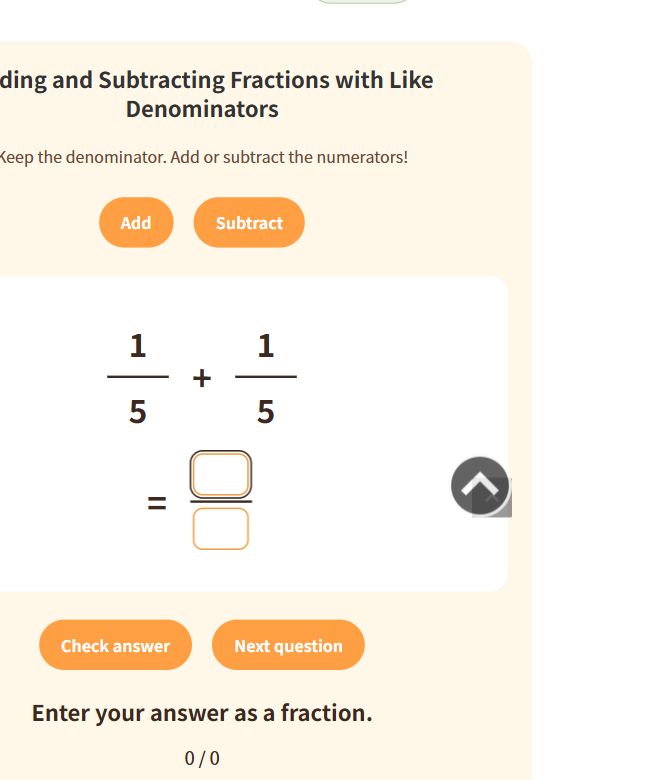 Fractions with Like Denominators — English game screen