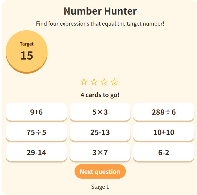 Number Hunter — English game screen