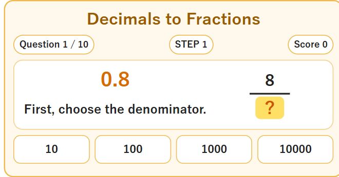 Decimals to Fractions — English game screen