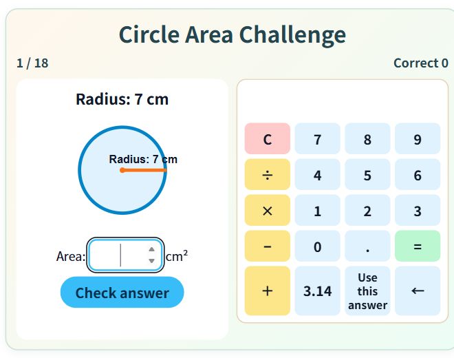 Circle Area Challenge — English game screen