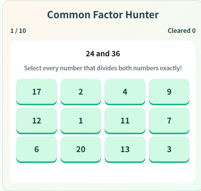 Common Factor Hunter — English game screen