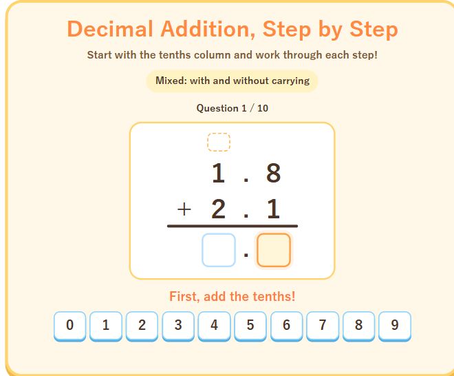Decimal Addition, Step by Step — English game screen