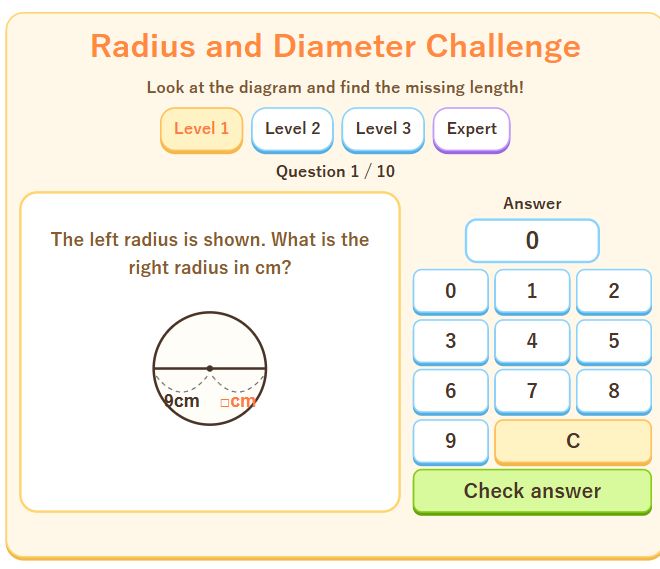Radius and Diameter Challenge — English game screen
