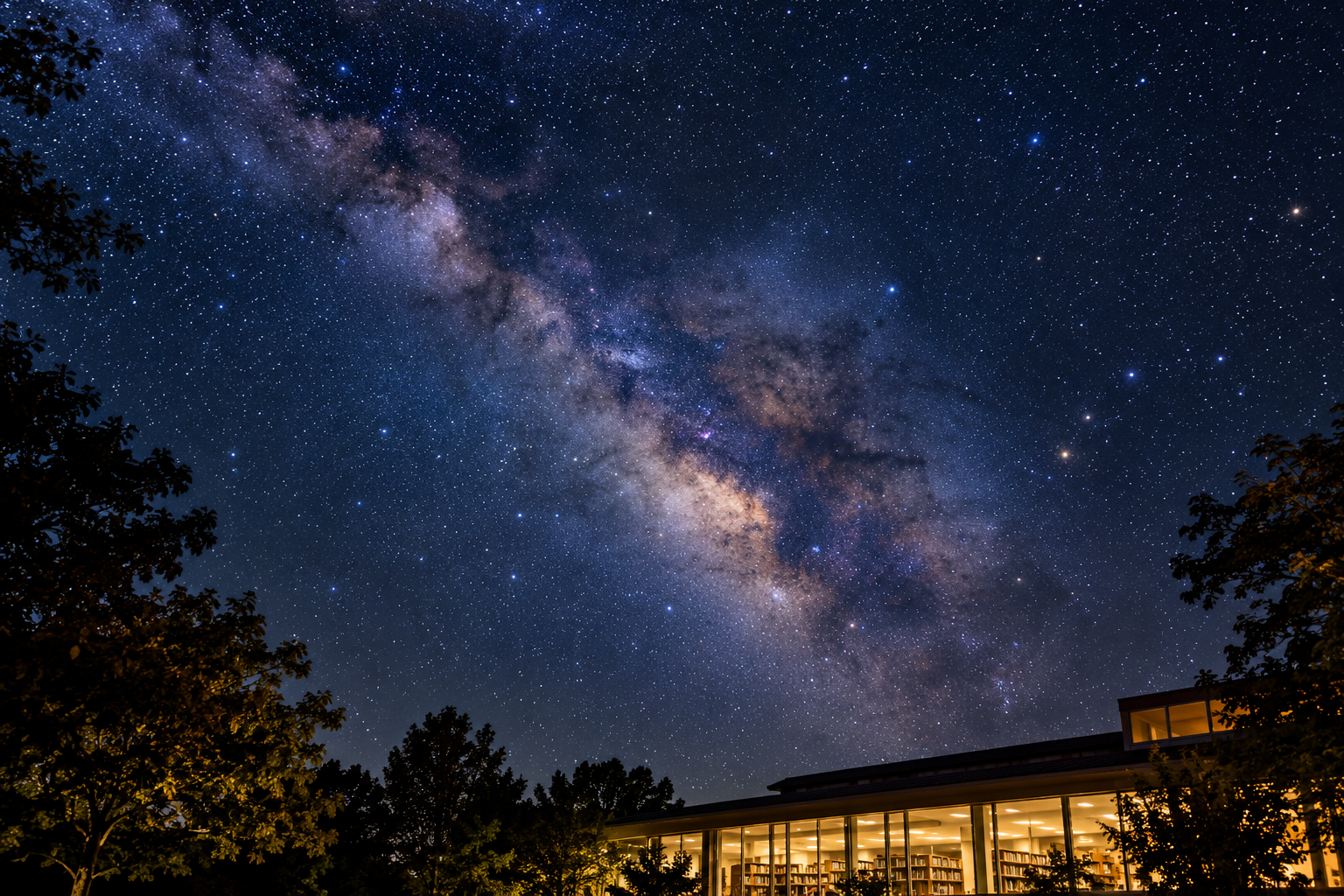 図書館の上に広がるきれいな星空