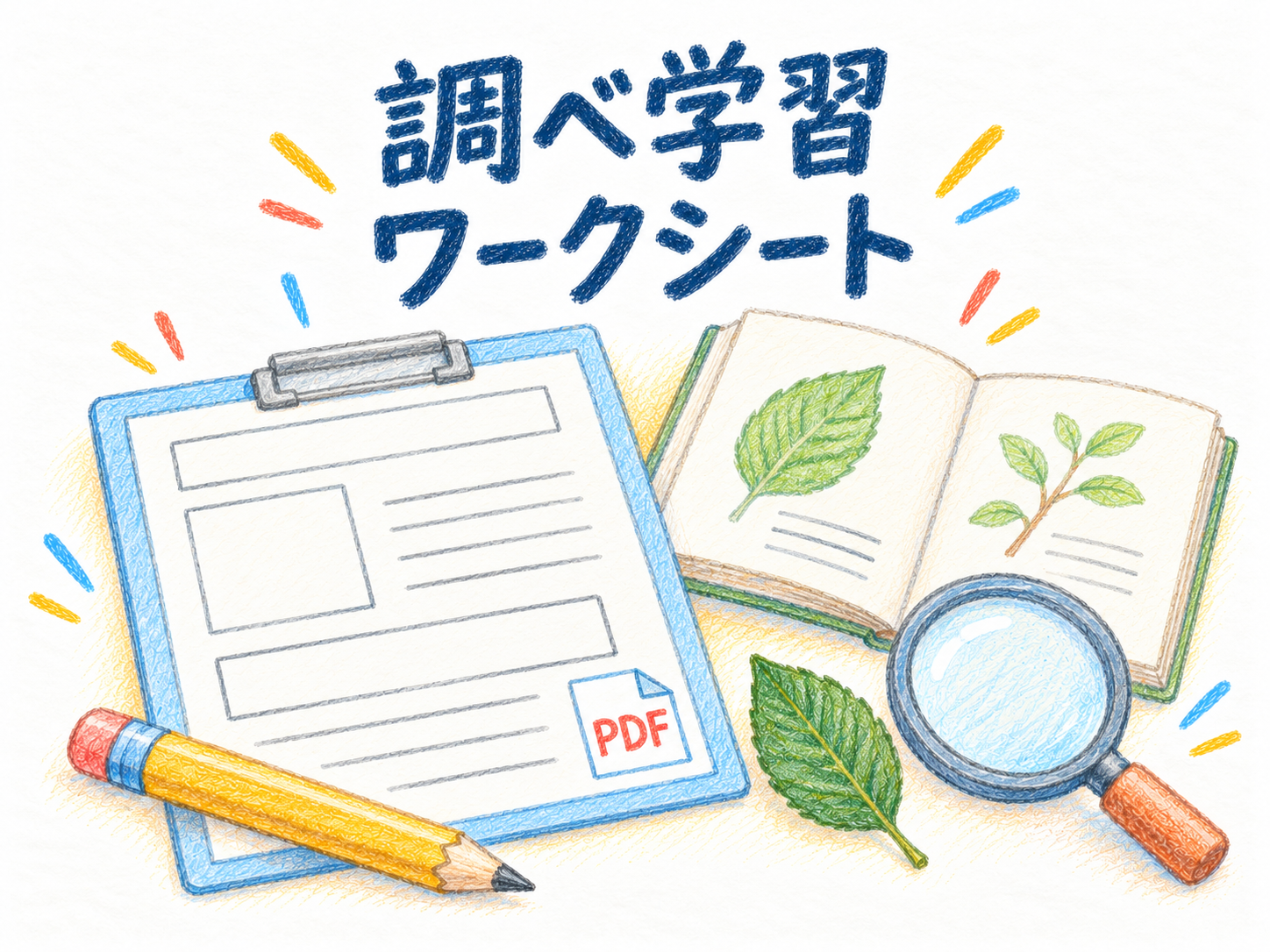 調べ学習ワークシート。本と用紙、葉、虫眼鏡の色鉛筆イラスト