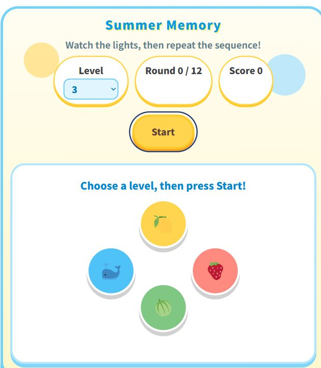 Summer Memory game with four colourful picture buttons to repeat a flashing sequence.