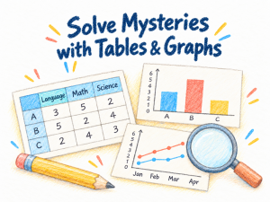 Colored-pencil tables, bar and line graphs with a pencil and magnifying glass.
