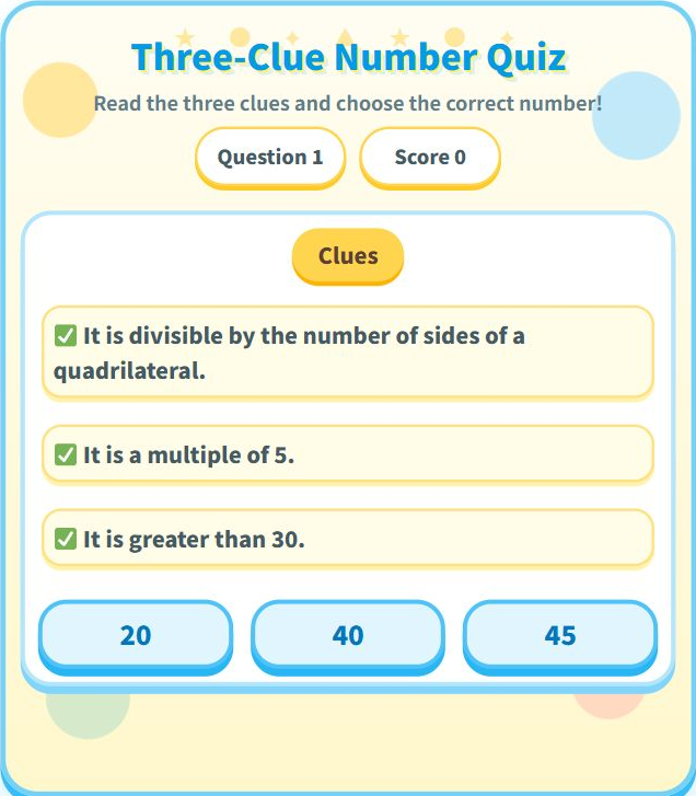 Three-Clue Number Quiz game: read three clues and choose the correct number